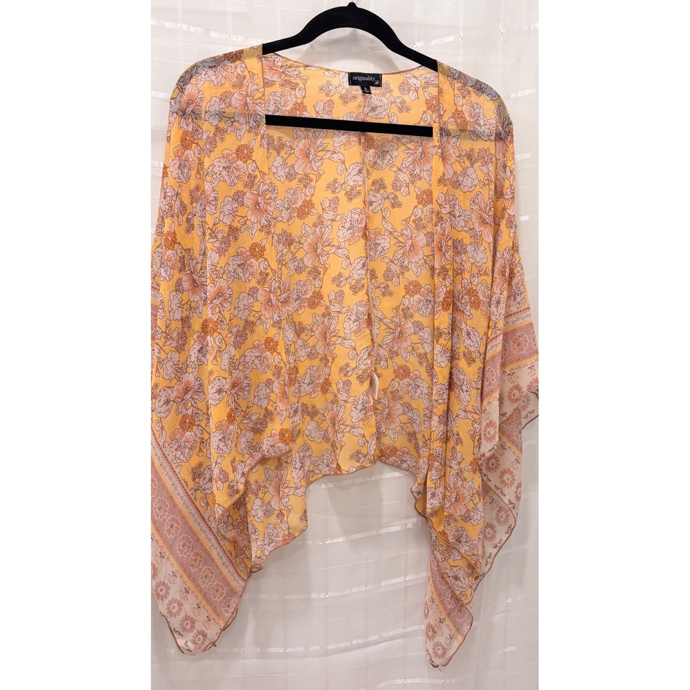 Originality Mustard Floral Kimono Wrap Open Front Handkerchief Hem Small USA